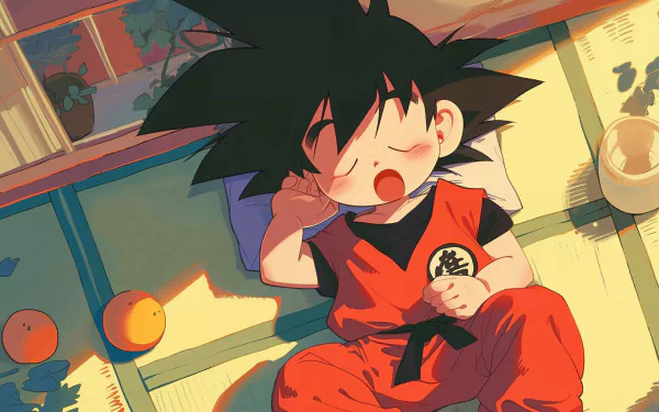 HD desktop wallpaper featuring the character Goku from Dragon Ball, depicted sleeping peacefully with a relaxed expression.