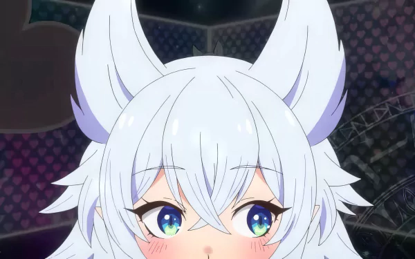 Close-up HD wallpaper of an anime character from Chillin' in Another World with Level 2 Super Cheat Powers, featuring a character with white hair and wolf-like ears, showcasing expressive blue eyes against a dark, patterned background.