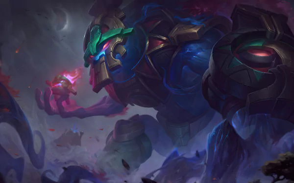 HD desktop wallpaper featuring the character Maokai from League of Legends, set against a mystical, smoke-enshrouded backdrop.
