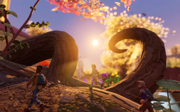 HD wallpaper featuring characters from the video game Grounded exploring a vibrant, oversized backyard environment at sunset, with a warm glow illuminating the scene and a large twisted plant root in the foreground.