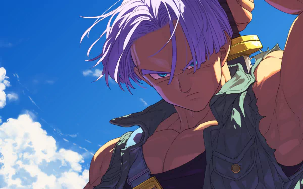 HD wallpaper featuring Trunks from Dragon Ball Z with light purple hair and intense expression against a backdrop of blue skies and fluffy clouds.
