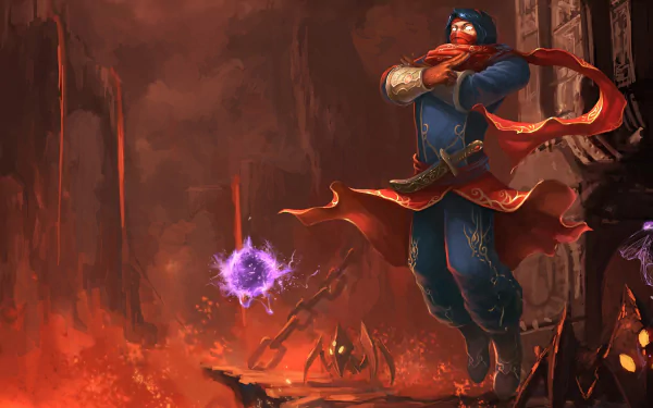 HD desktop wallpaper of Malzahar from League of Legends, showcasing the champion casting a spell in a fiery, cavernous background.