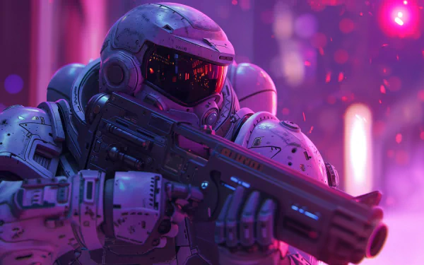 A futuristic space marine in armor with a helmet and guns against a neon-lit purple background, suitable as a high-definition desktop wallpaper and background for sci-fi enthusiasts.