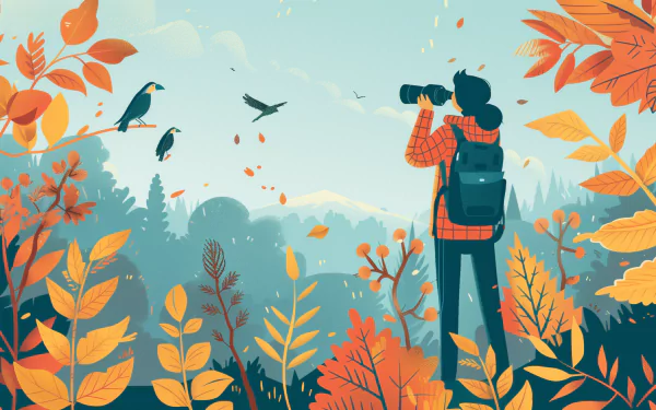 An illustrated HD desktop wallpaper depicting a person engaged in birdwatching through binoculars amidst vibrant autumn foliage with birds flying against a backdrop of mountains and a clear sky.