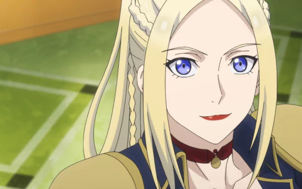 HD desktop wallpaper featuring a female anime character from The New Gate with long blond hair and blue eyes, smiling against an indoor background with soft lighting.