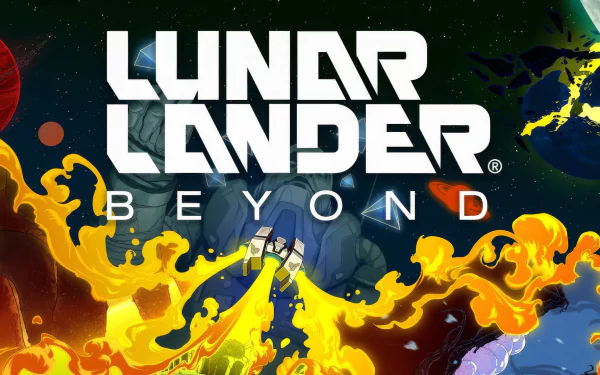 HD desktop wallpaper for Lunar Lander: Beyond video game, featuring the game's title in bold letters with a stylized spaceship navigating through a vibrant, fiery landscape in space.