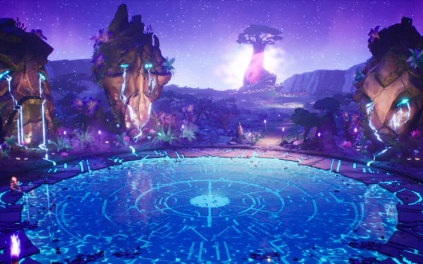 HD desktop wallpaper from the video game Tales Of Kenzera: Zau showcasing a mystical setting with glowing structures, a decorative ground pattern, and a vibrant night sky.