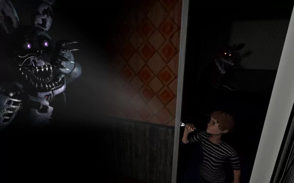 HD PC desktop wallpaper from Five Nights at Freddy's 4 featuring a child holding a flashlight facing a menacing animatronic in a dark, eerie room.