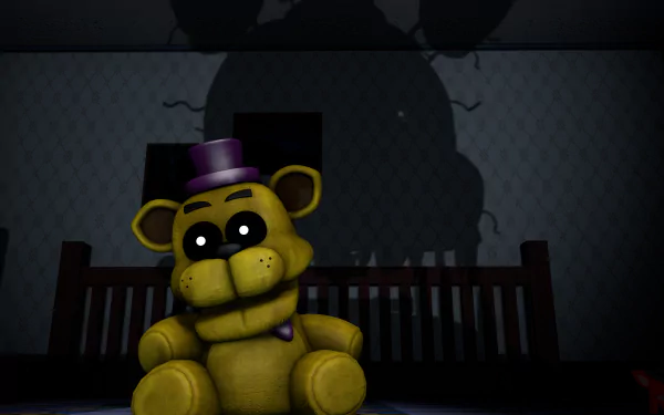 4K Ultra HD Five Nights at Freddy's 4 PC desktop wallpaper featuring a creepy golden animatronic bear in a dimly lit room with its large shadow cast on the wall behind.