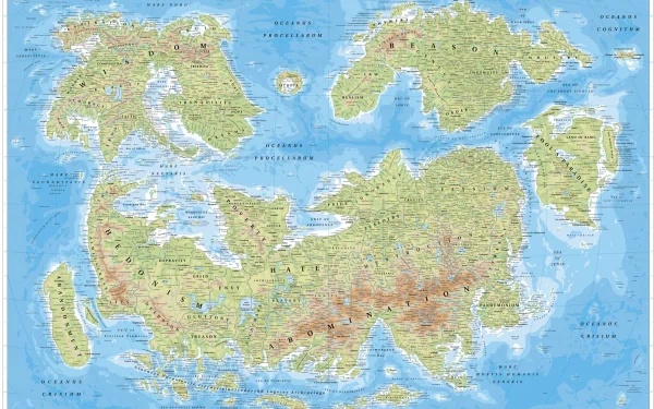 HD desktop wallpaper featuring a detailed map of expansive landmasses surrounded by blue oceans and labeled geographic features.