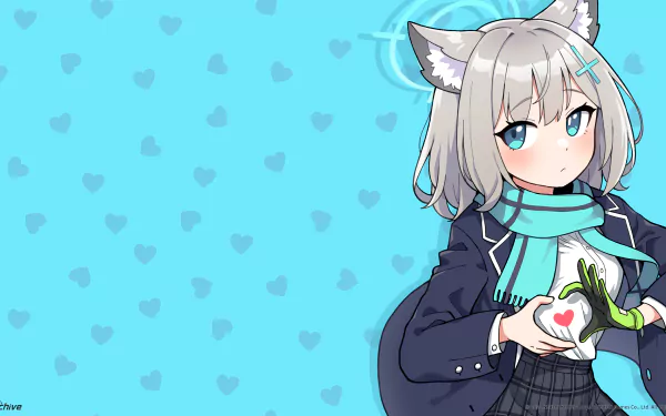 Blue Archive anime girl with cat ears, silver hair and teal scarf making a heart gesture on a turquoise heart-patterned background — 2K Quad HD PC desktop wallpaper.