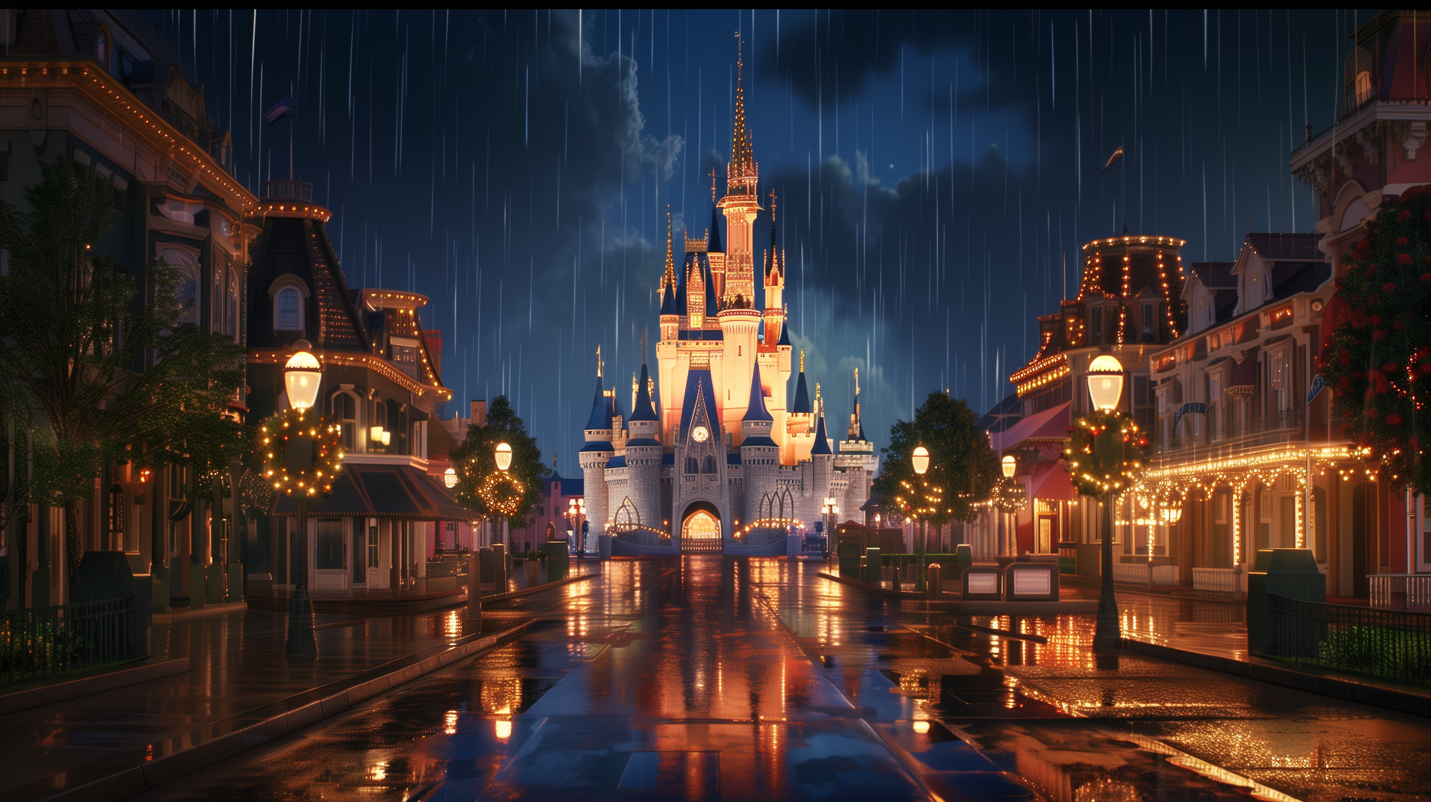 HD desktop wallpaper featuring Cinderella Castle at Walt Disney World, illuminated during a nighttime rain with reflections on the wet street in front.