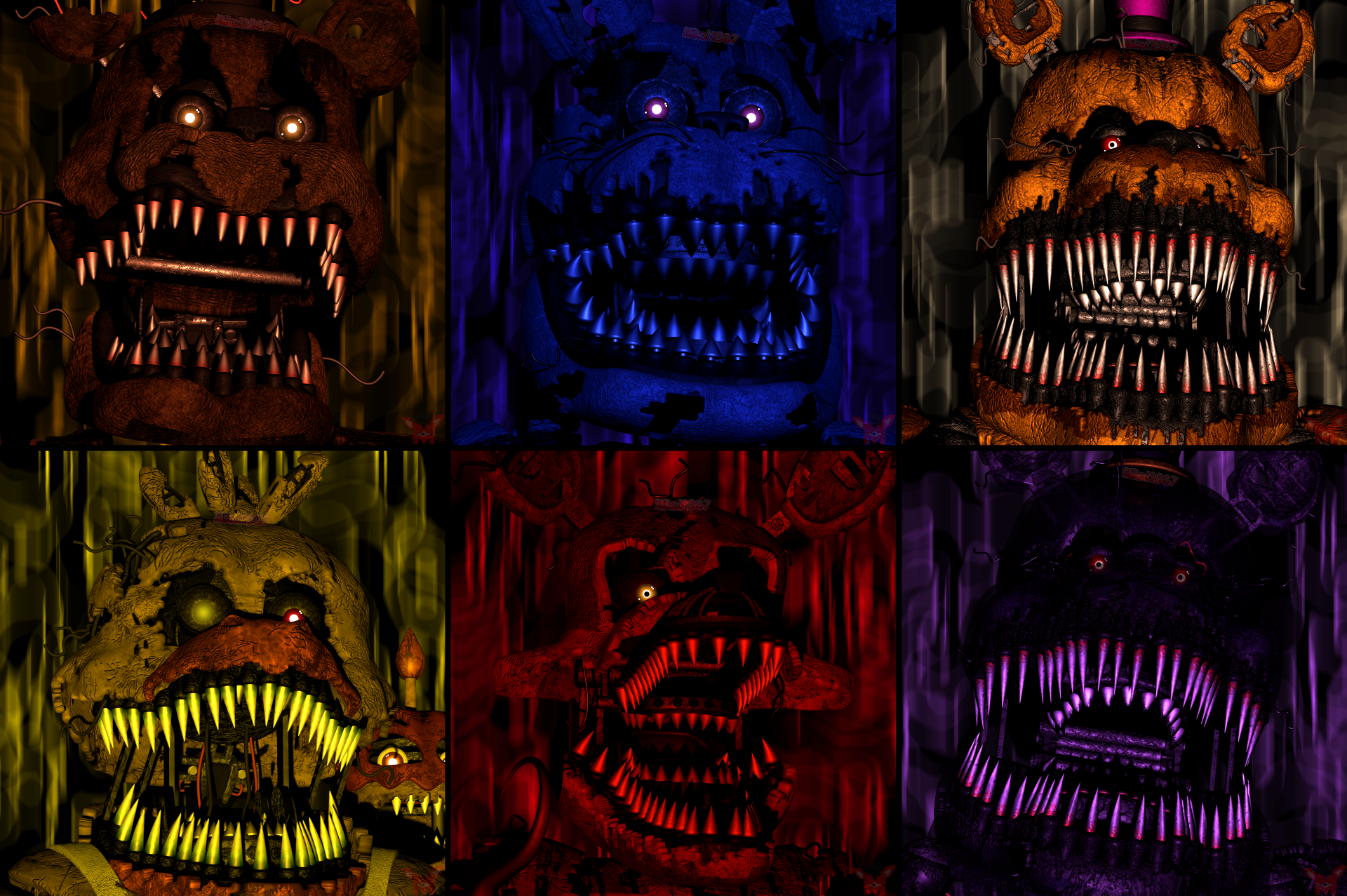8K Ultra HD PC wallpaper: six-panel mosaic of Nightmare Fredbear, the Nightmare animatronic from the video game Five Nights at Freddy's 4 — snarling faces lit in intense color.