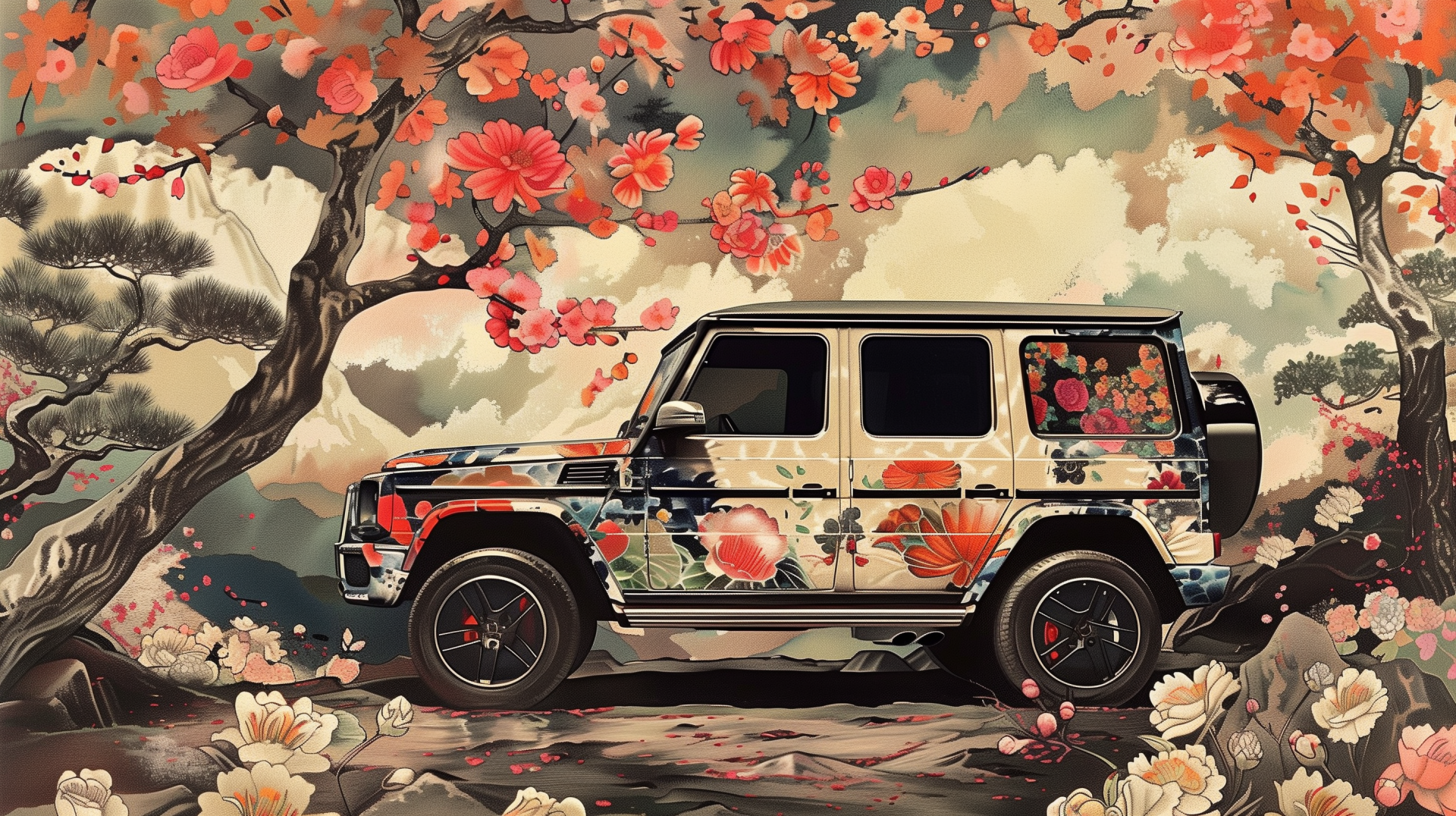 HD wallpaper of a Mercedes-Benz G-Class SUV set against a stylized background with vibrant floral patterns and trees with pink and orange blossoms.