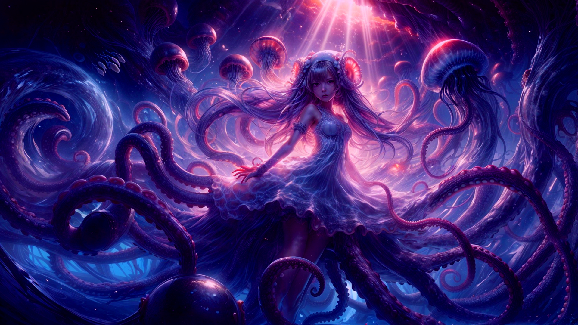 Download Anime Anime Girl Squid Jellyfish Underwater HD Wallpaper by Muftwin