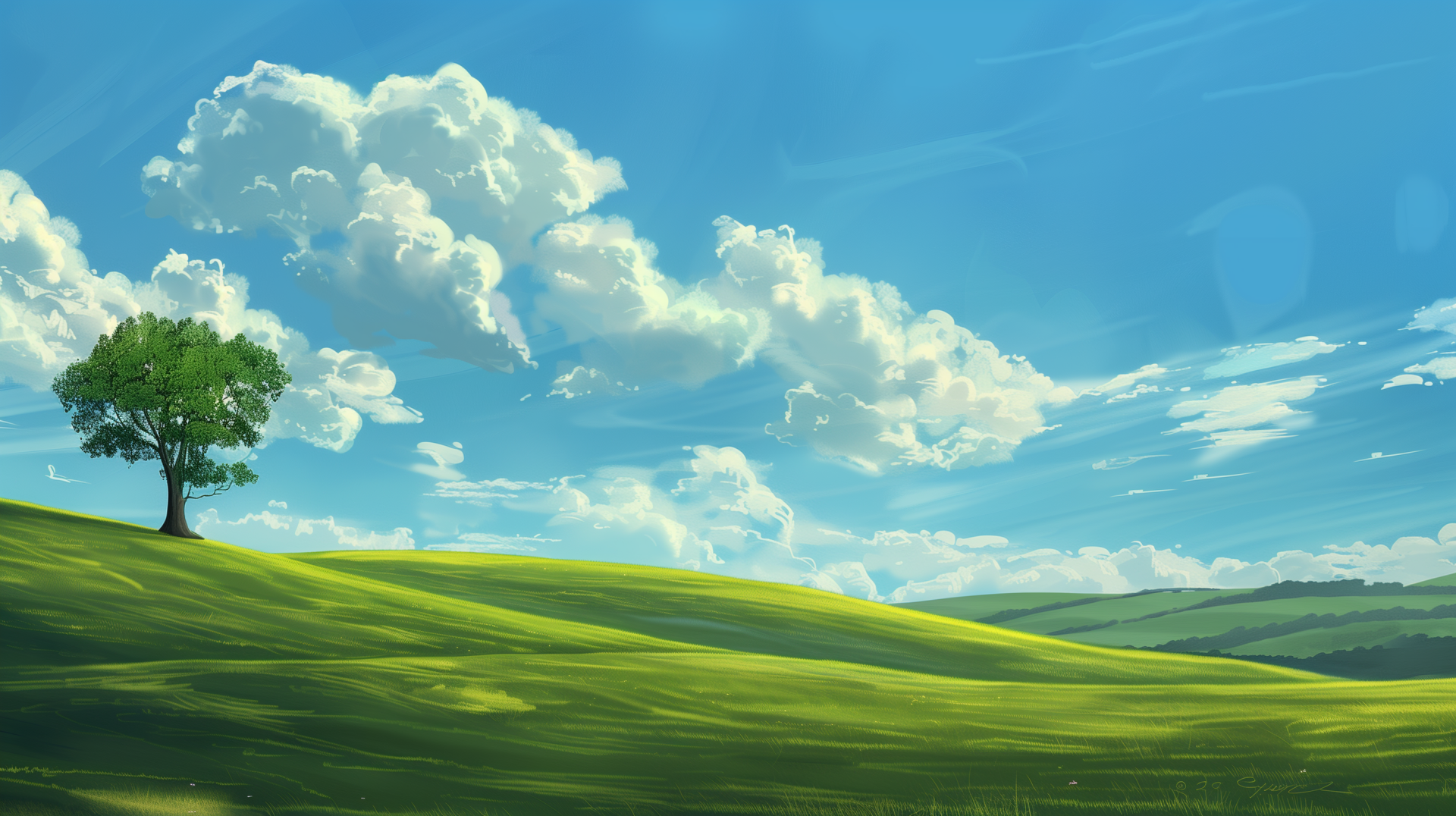 HD Windows XP desktop wallpaper featuring a vibrant green hill under a vivid blue sky with fluffy white clouds and a solitary tree.