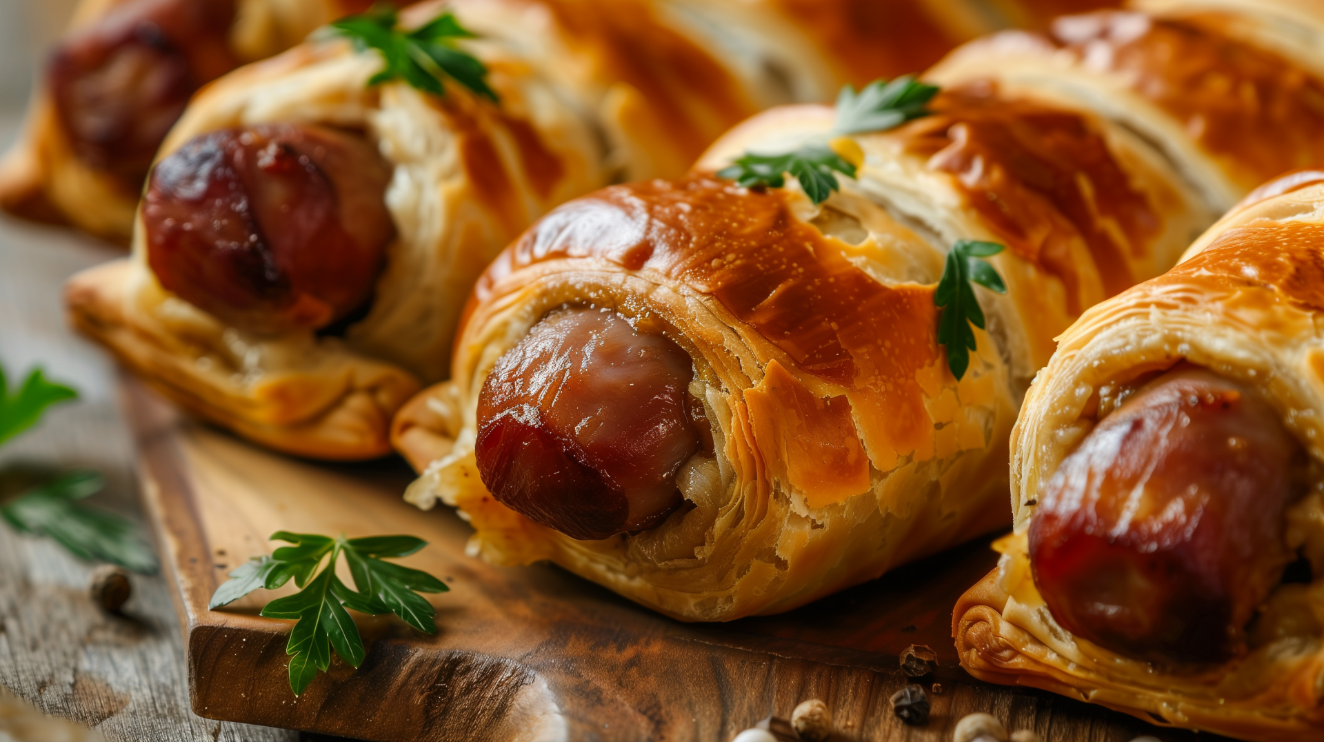 HD desktop wallpaper featuring delicious pigs in a blanket, beautifully presented with a golden crust and garnished with fresh herbs on a wooden board.