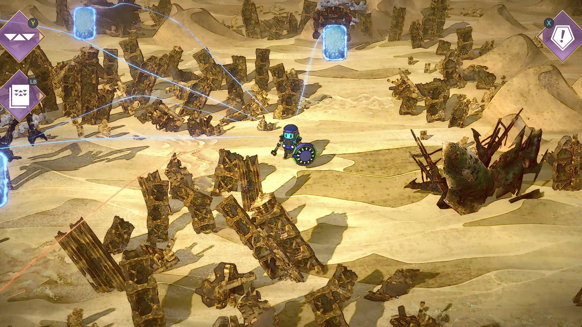 HD desktop wallpaper featuring a scene from the video game SaGa Emerald Beyond, showing a character exploring a desert with scattered ruins and mystical portals.