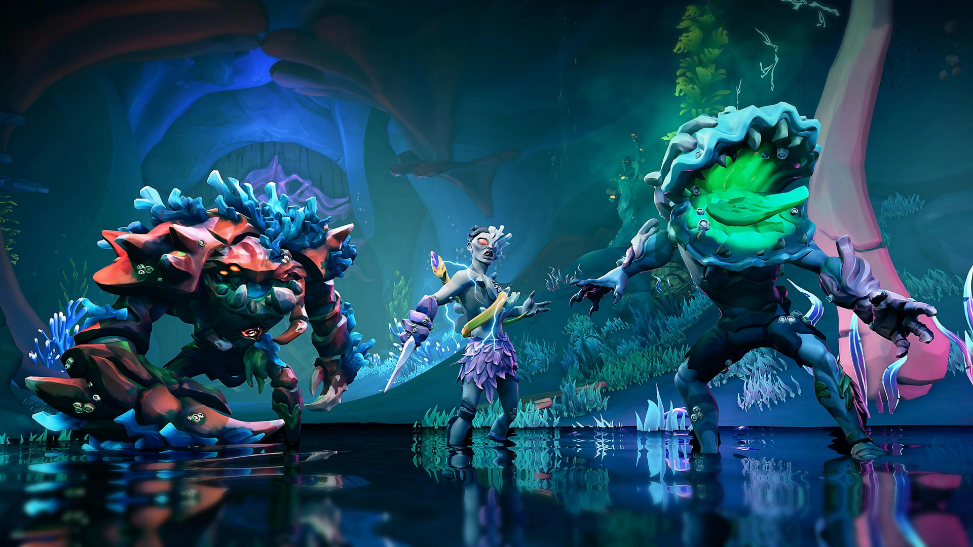HD desktop wallpaper from Sea of Thieves featuring a pirate standing between colorful, fantastical sea creatures in a vivid, underwater setting.