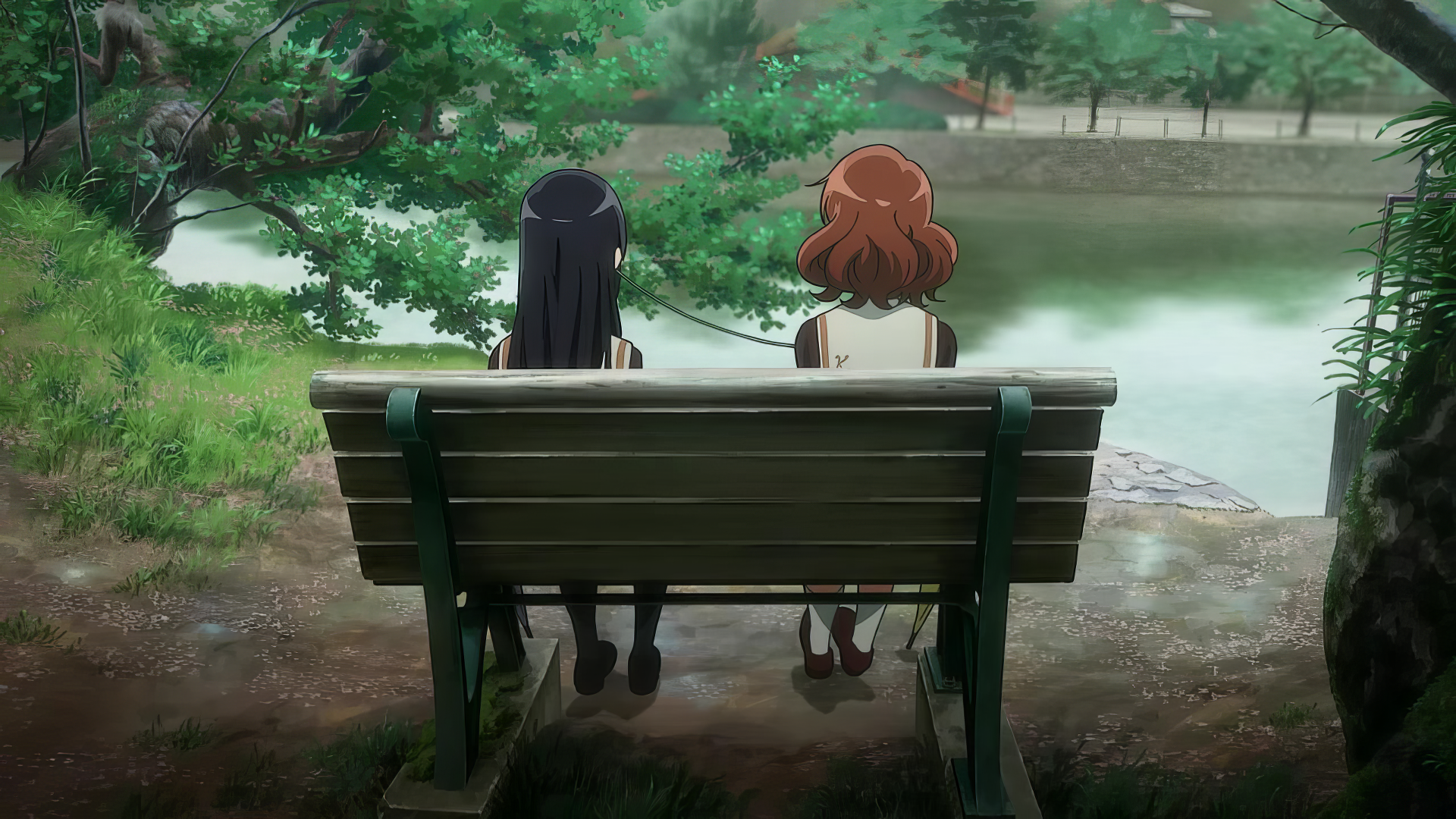 HD wallpaper from Sound! Euphonium anime featuring two characters sitting on a bench by a serene lake, surrounded by lush greenery.