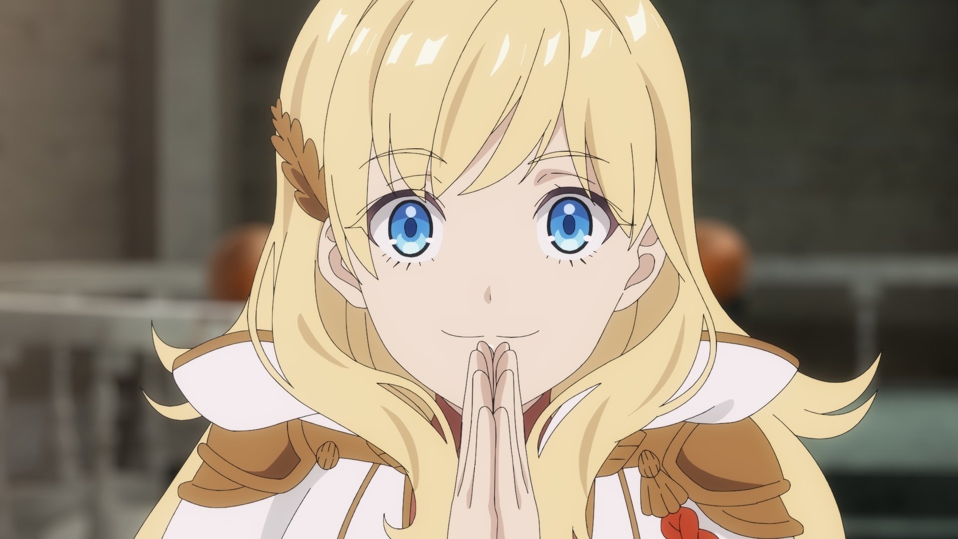 HD desktop wallpaper featuring a character from Unnamed Memory anime, smiling with hands clasped, in a detailed interior setting.