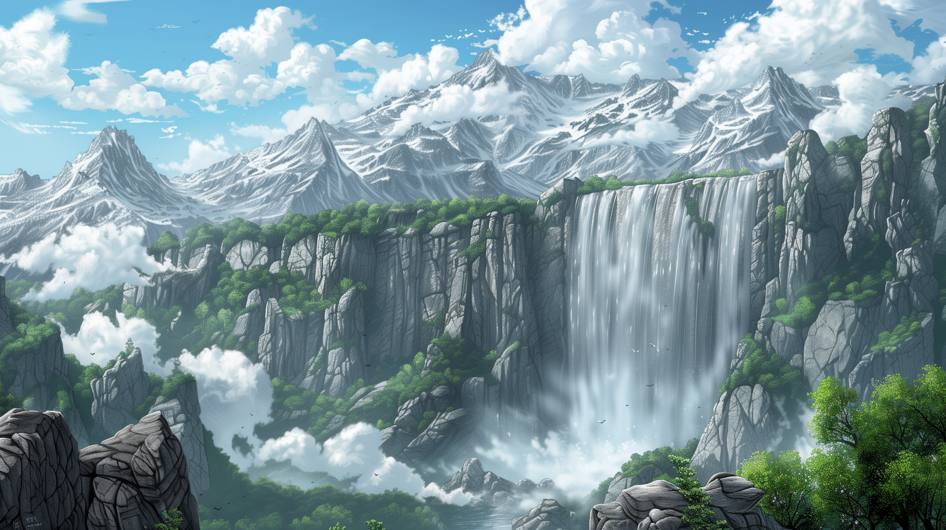 HD desktop wallpaper showing a majestic landscape with a towering waterfall cascading down from snow-capped mountains amidst fluffy clouds.