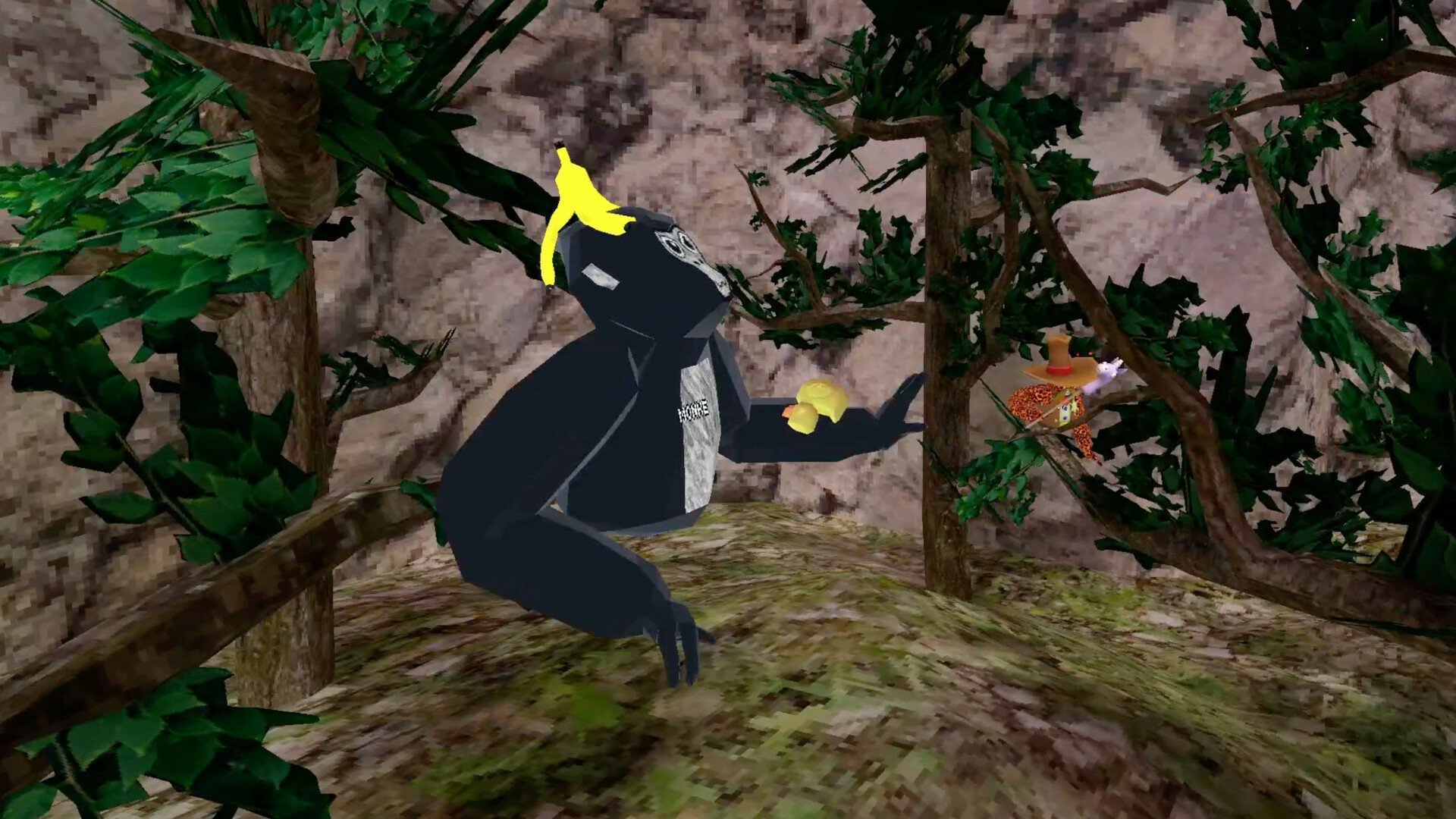 HD desktop wallpaper from the video game Gorilla Tag, featuring a stylized gorilla in a forest setting.