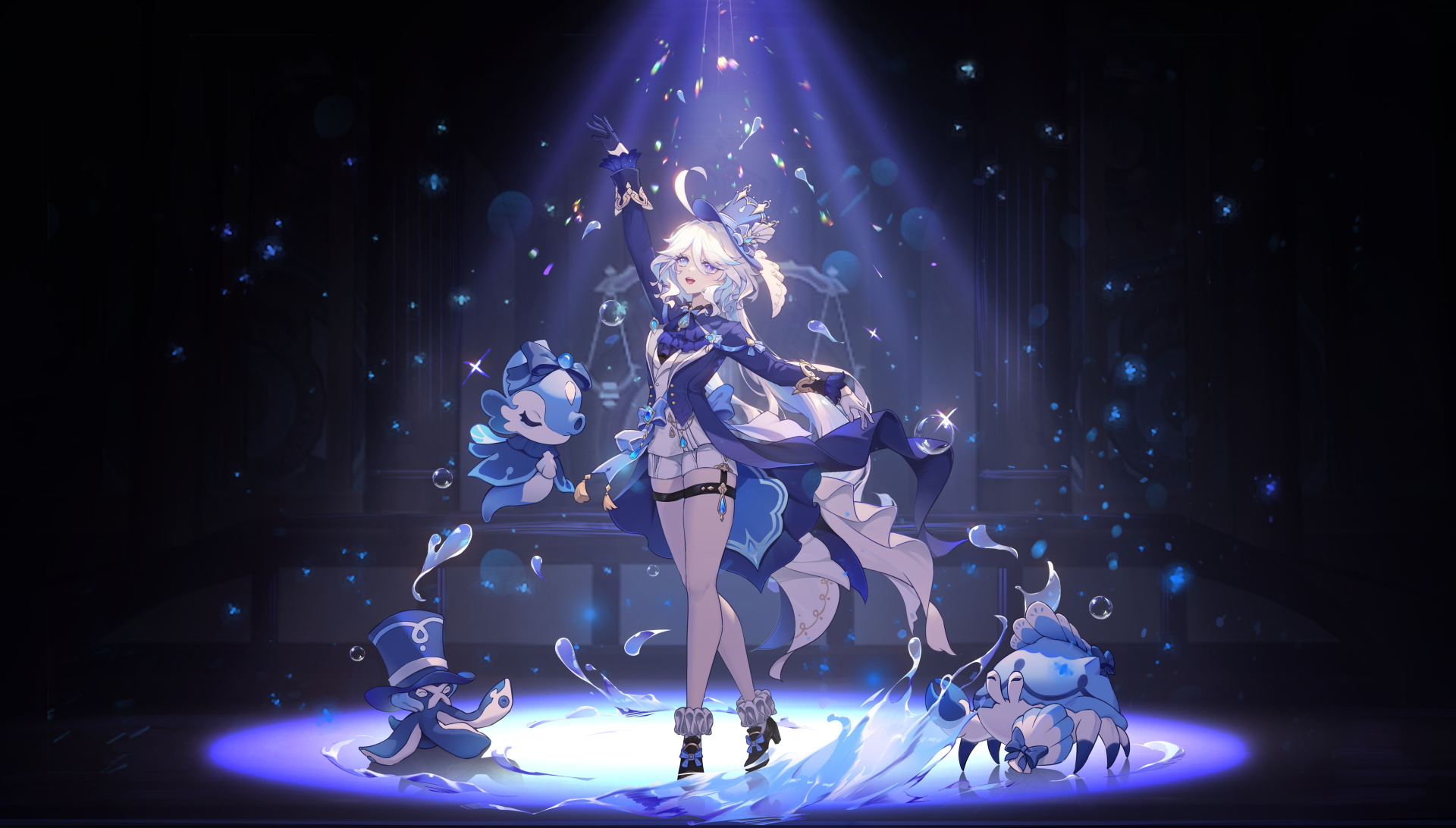 Furina from Genshin Impact captivates in this vibrant 4K Ultra HD wallpaper, surrounded by magical blue creatures and a stunning spotlight, showcasing her enchanting presence.