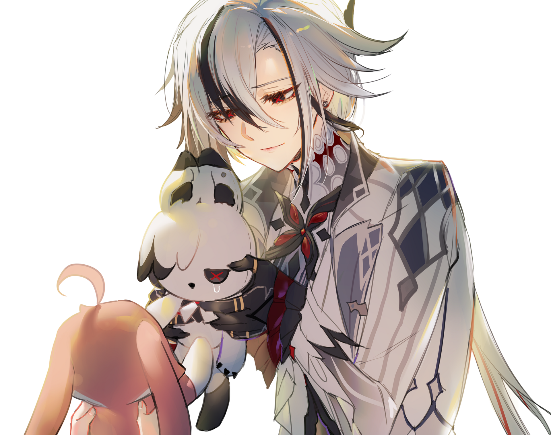 HD PC desktop wallpaper featuring Arlecchino from Genshin Impact, showcasing detailed character art with a gentle expression and intricate outfit design.