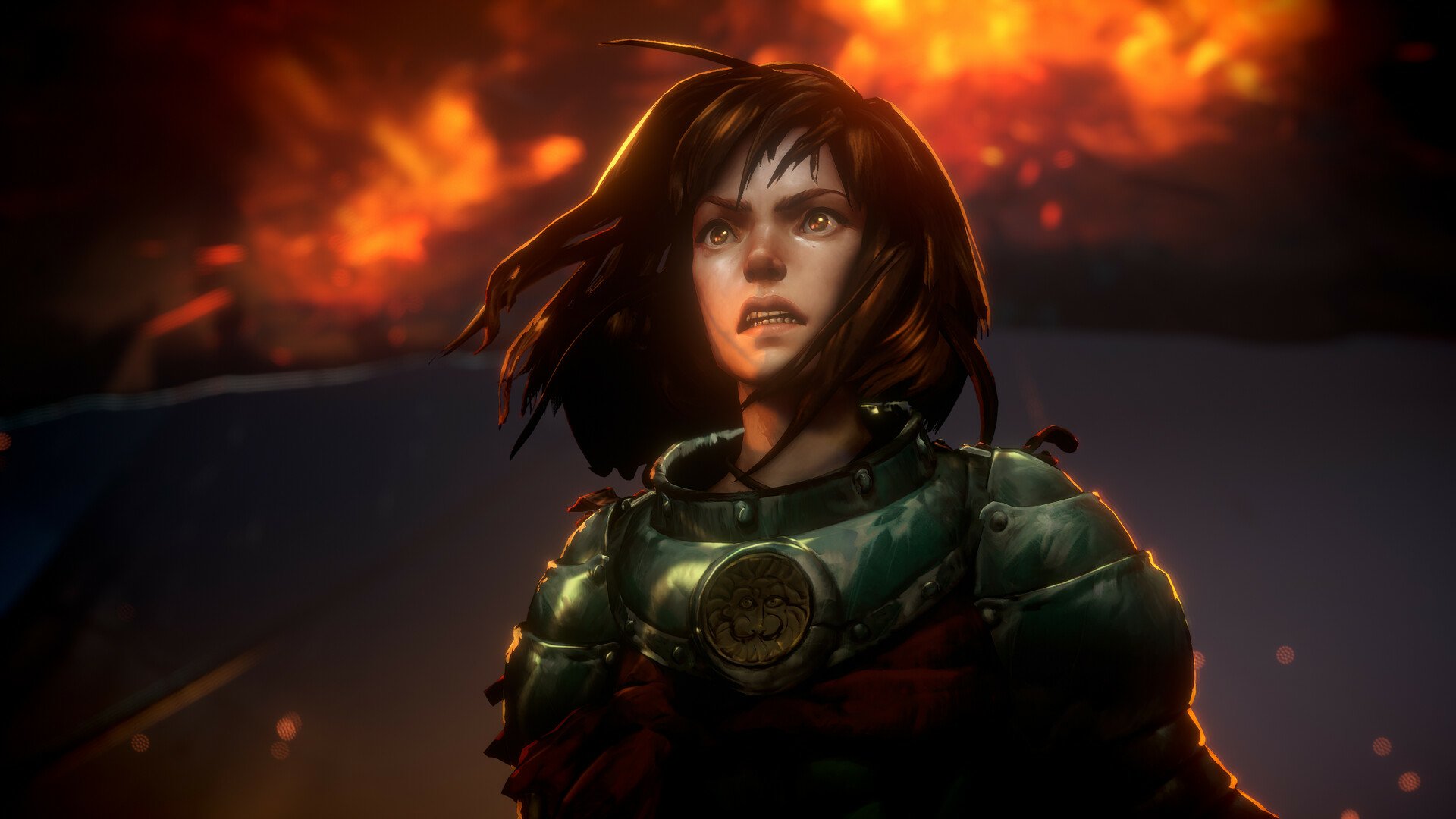 HD desktop wallpaper from the video game No Rest for the Wicked, featuring a determined female character in armor against a fiery background.