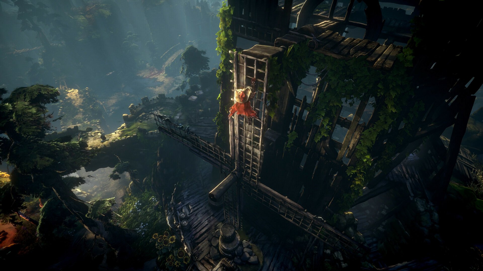 HD wallpaper from the video game No Rest for the Wicked, depicting a character on a lush, vine-covered wooden platform overlooking a forested ravine.