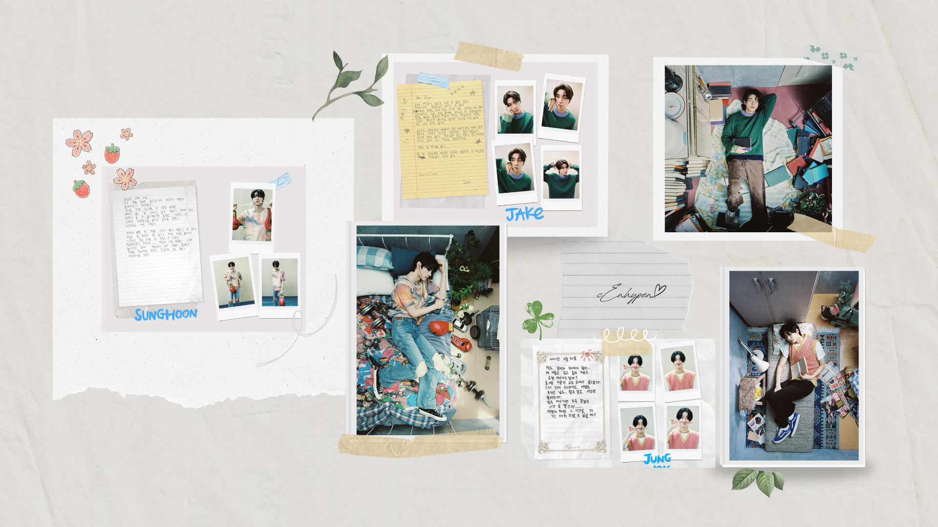 HD PC desktop wallpaper featuring ENHYPEN with scrapbook-style photos, handwritten notes, and floral accents on a light textured background.