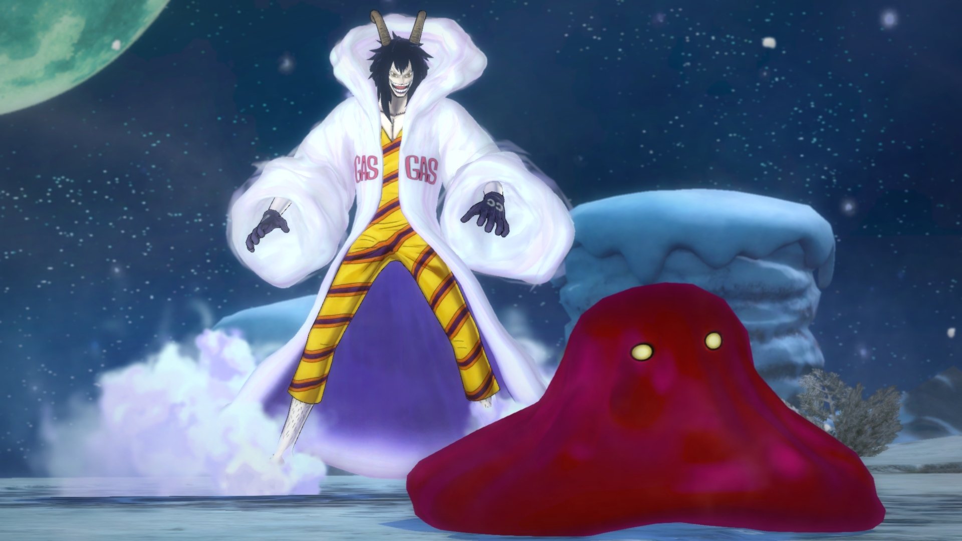HD desktop wallpaper featuring Caesar Clown from One Piece, standing confidently with a whimsical backdrop including a large moon and a red blob-like creature.