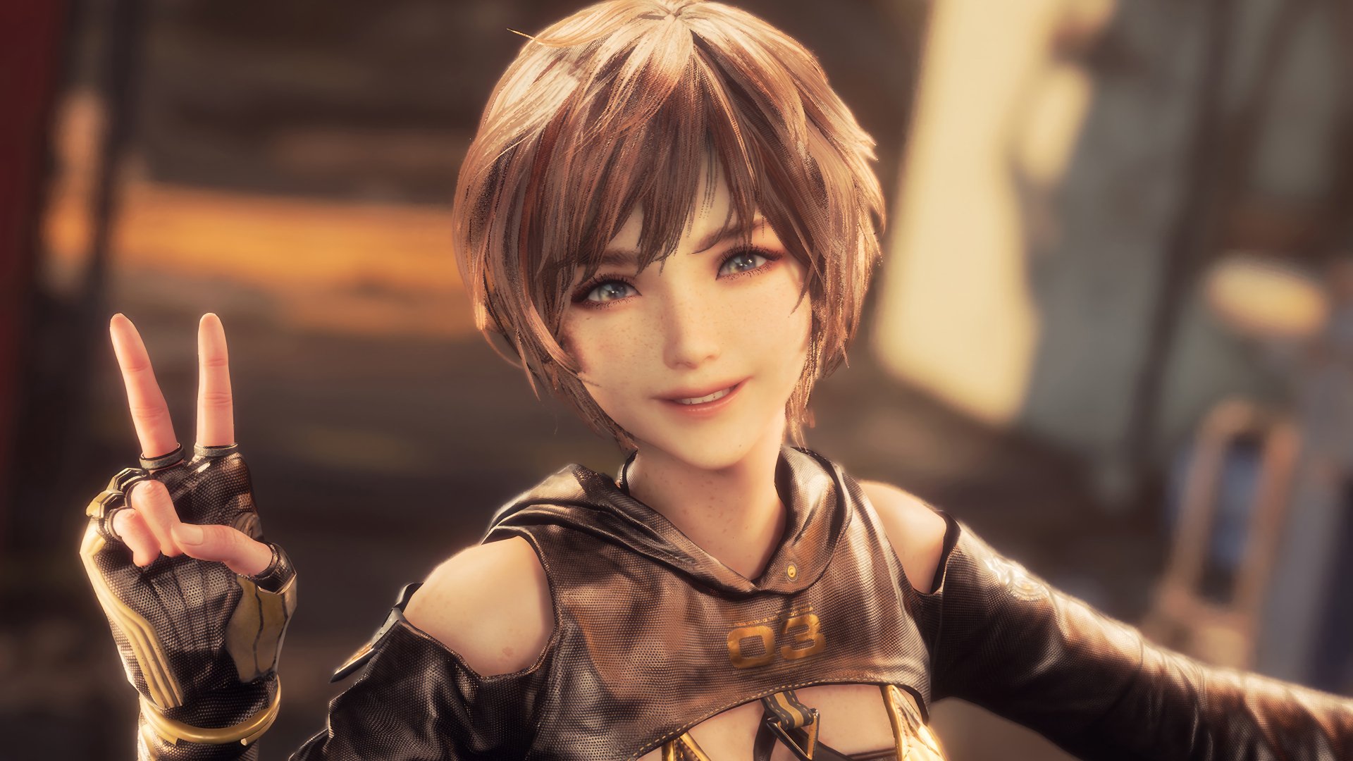 HD desktop wallpaper featuring a character from the video game Stellar Blade, smiling and making a peace sign.