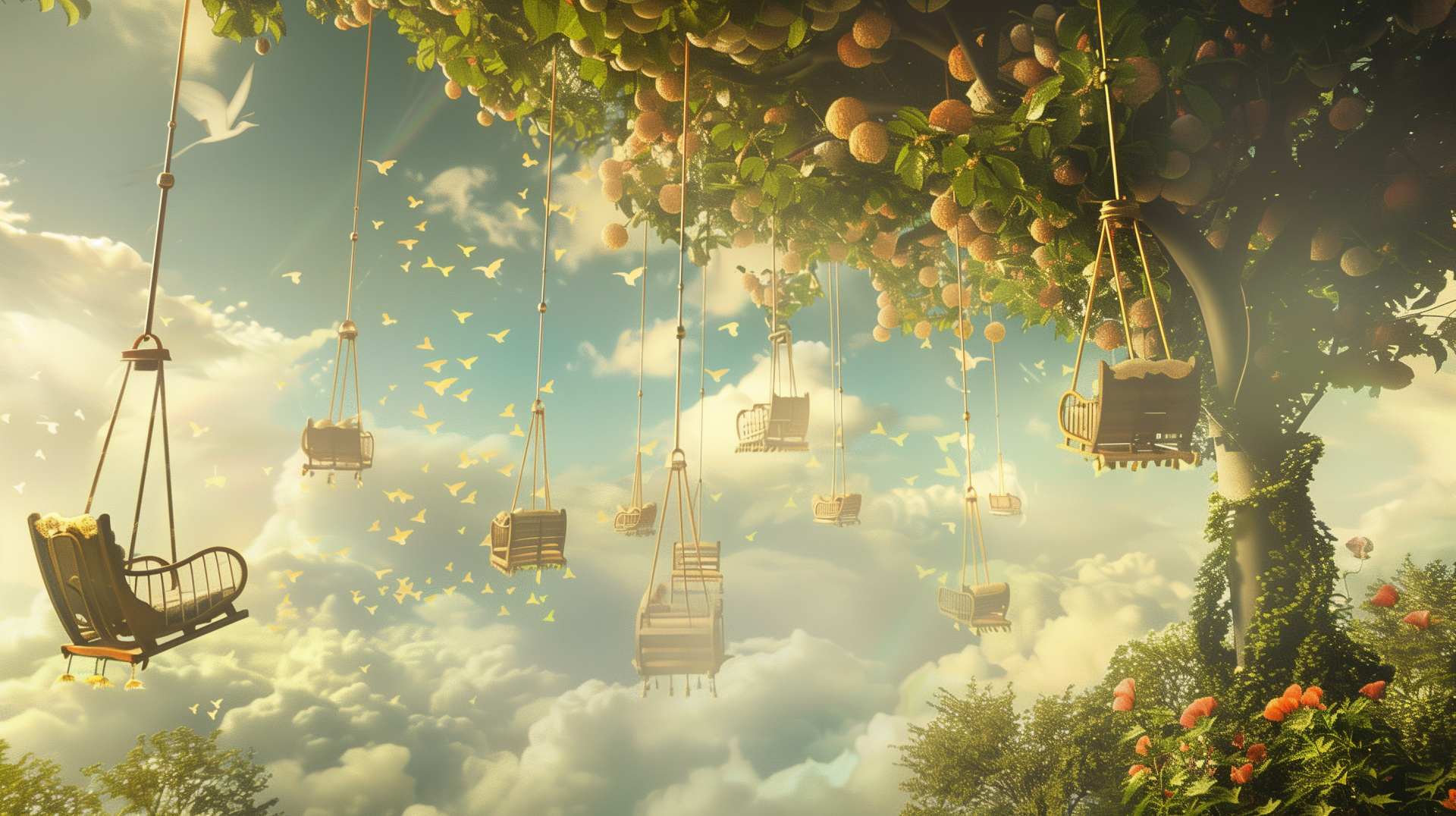 HD desktop wallpaper featuring a whimsical landscape with multiple swings hanging from a tree above the clouds, surrounded by flying birds and fruit.