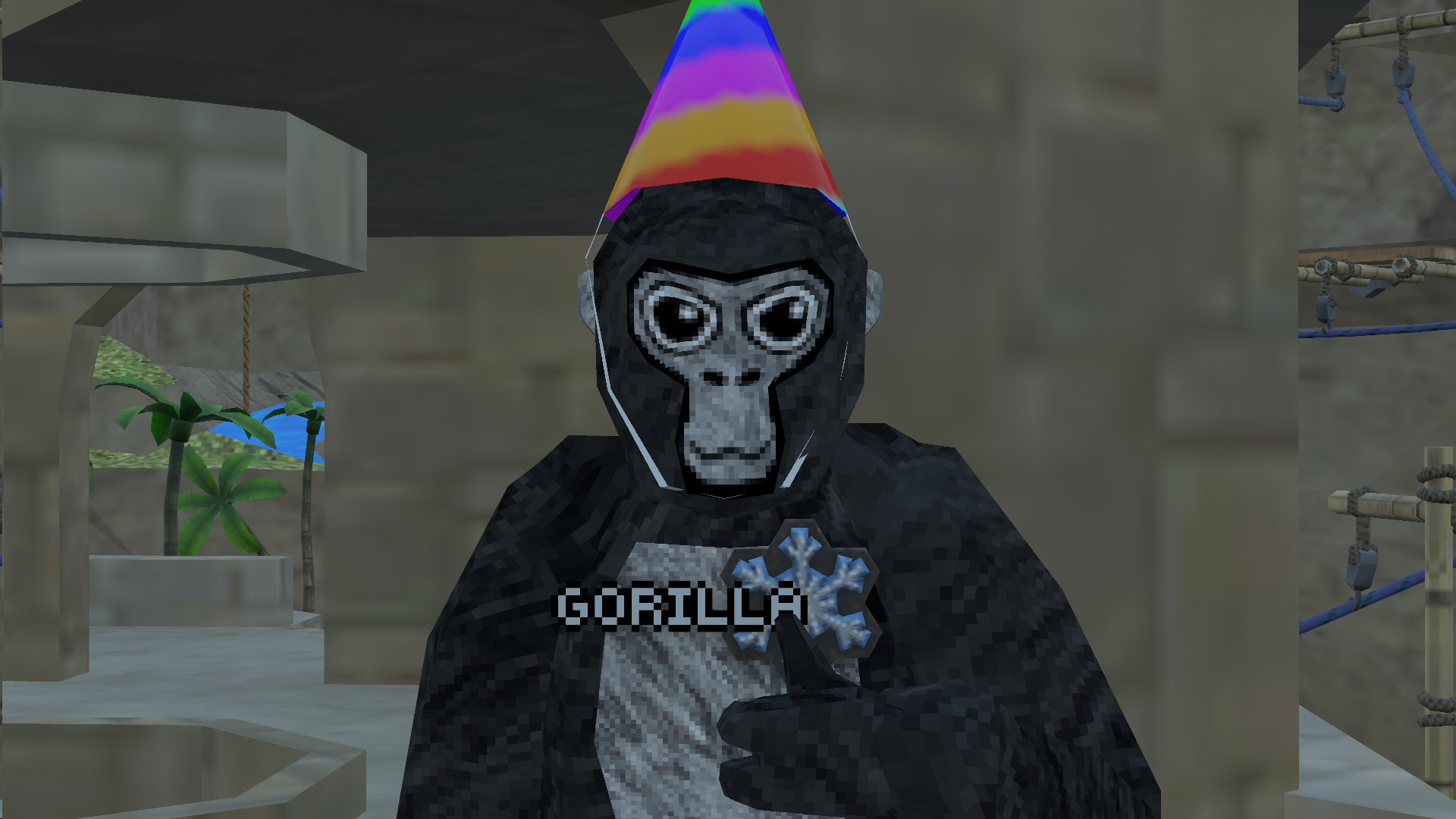 HD desktop wallpaper featuring a 3D Blender-rendered gorilla from secretVR's Gorilla Tag, wearing a colorful party hat in a stylized virtual environment.