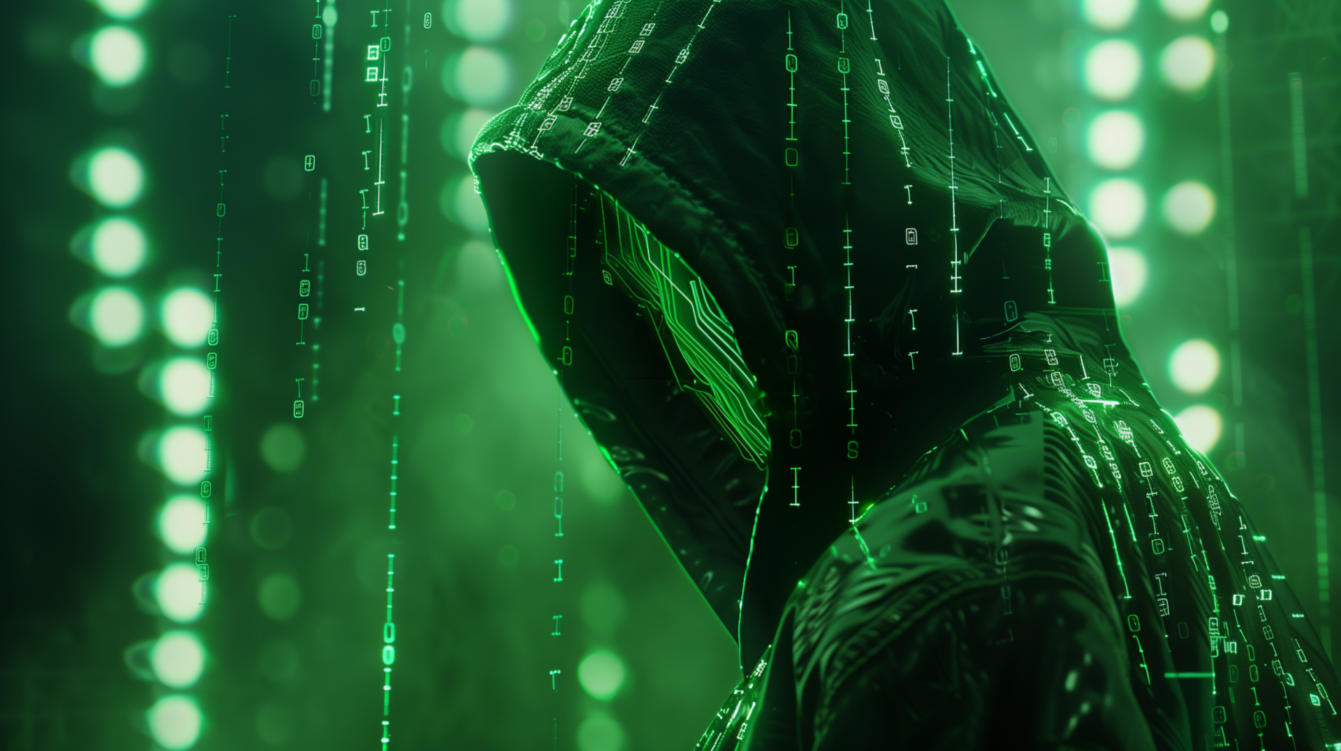 HD desktop wallpaper featuring a hooded hacker figure with a digitally inspired, green Matrix code background, evoking a high-tech atmosphere.