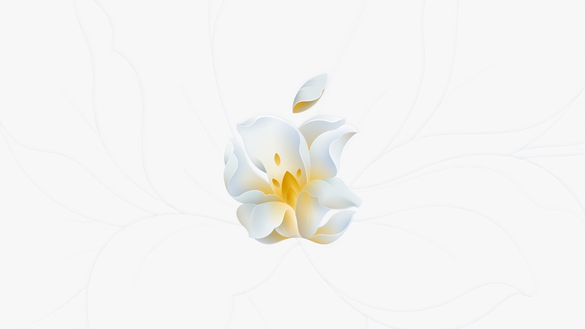 Technology-themed 5K Ultra HD PC desktop wallpaper: minimalist Apple Inc. logo formed from white and yellow flower petals on a soft white background.