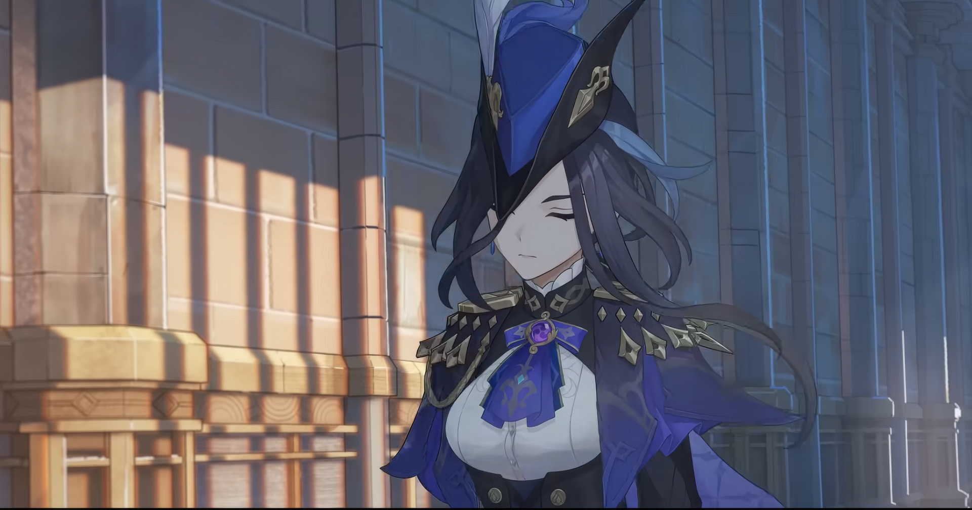 HD desktop wallpaper featuring Clorinde from Genshin Impact, portrayed in a grand room with sunlight casting through windows.