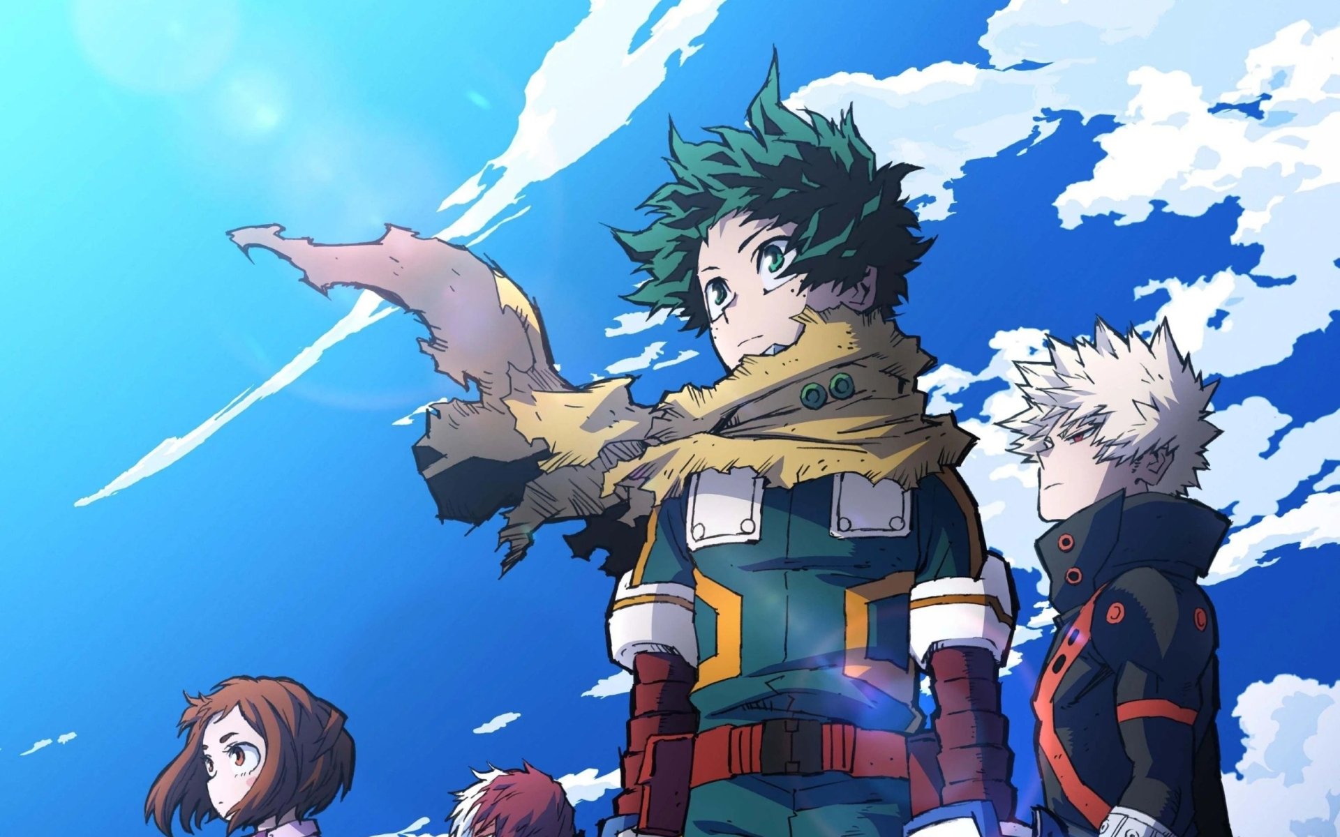 HD wallpaper of My Hero Academia featuring Izuku Midoriya and Katsuki Bakugou against a backdrop of a vivid blue sky with clouds.