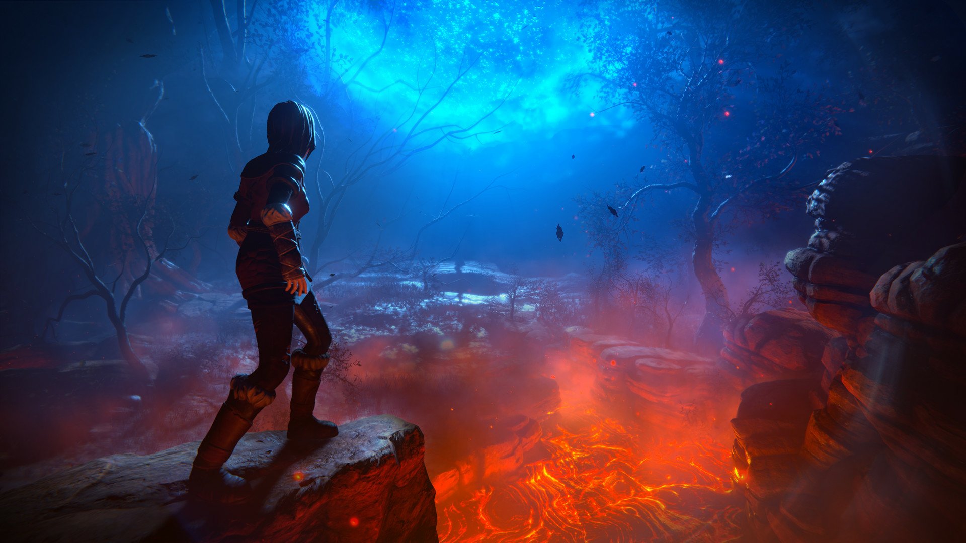 HD desktop wallpaper featuring a character from the video game Seed of Life, standing on a rocky ledge with a vibrant backdrop of blue and red mystical landscape.