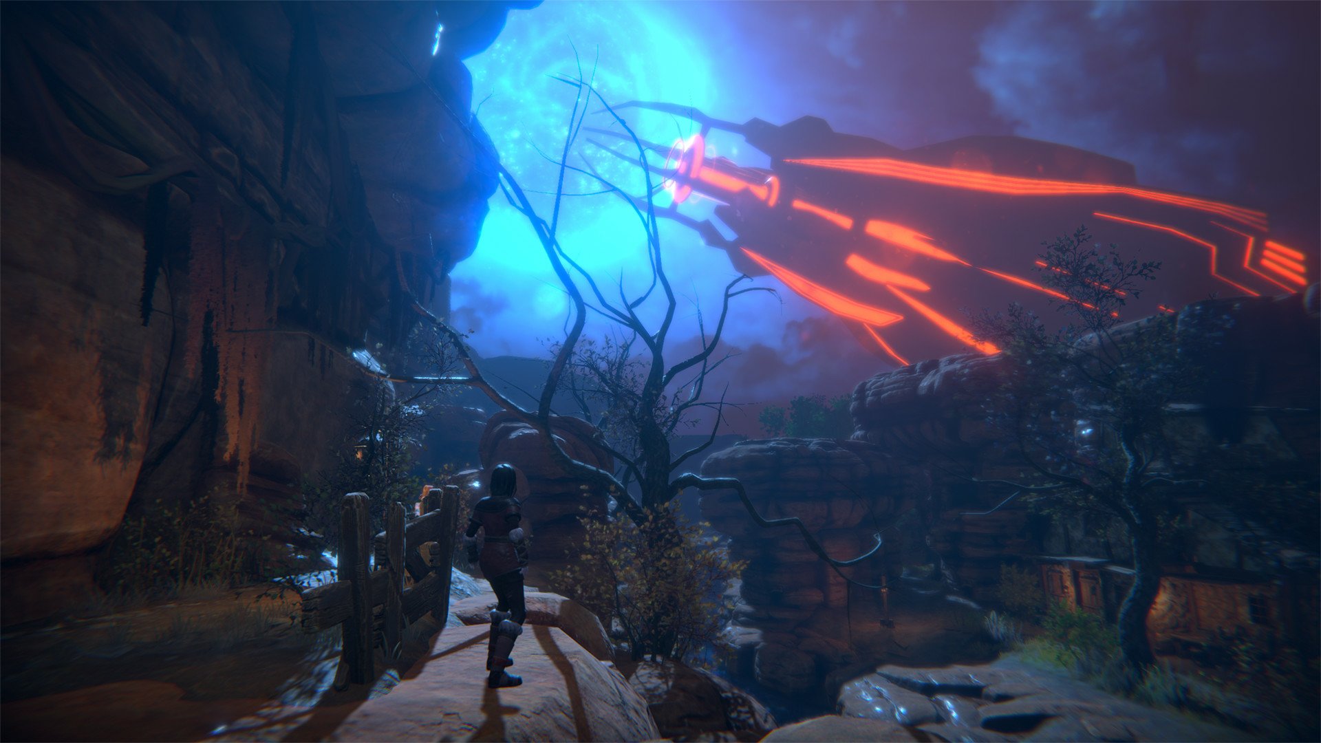 HD desktop wallpaper from the video game Seed of Life depicting a luminous, mystical landscape with a glowing tree under a starry sky.