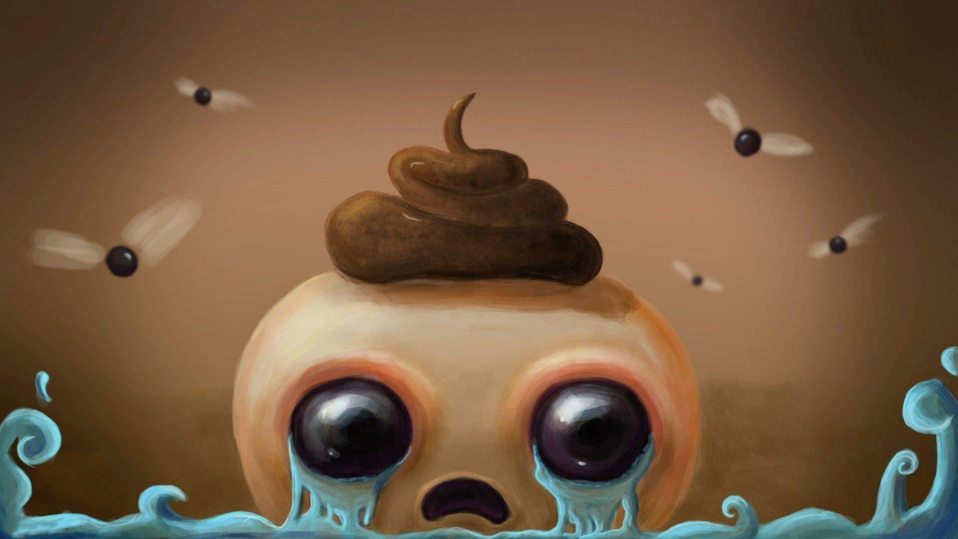 HD desktop wallpaper of a character from The Binding of Isaac video game, featuring a cartoonish figure with large eyes and a poop emoji on its head, surrounded by flies.