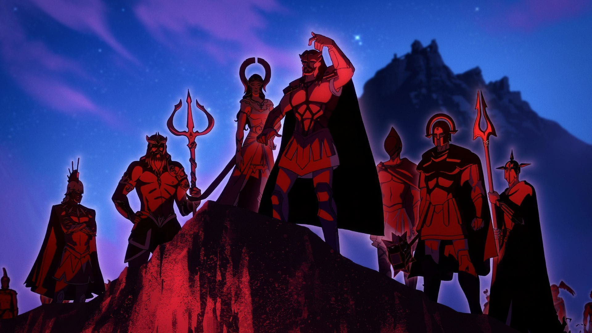 HD desktop wallpaper featuring animated characters from Blood of Zeus standing heroically on a rocky outcrop under a starry night sky.