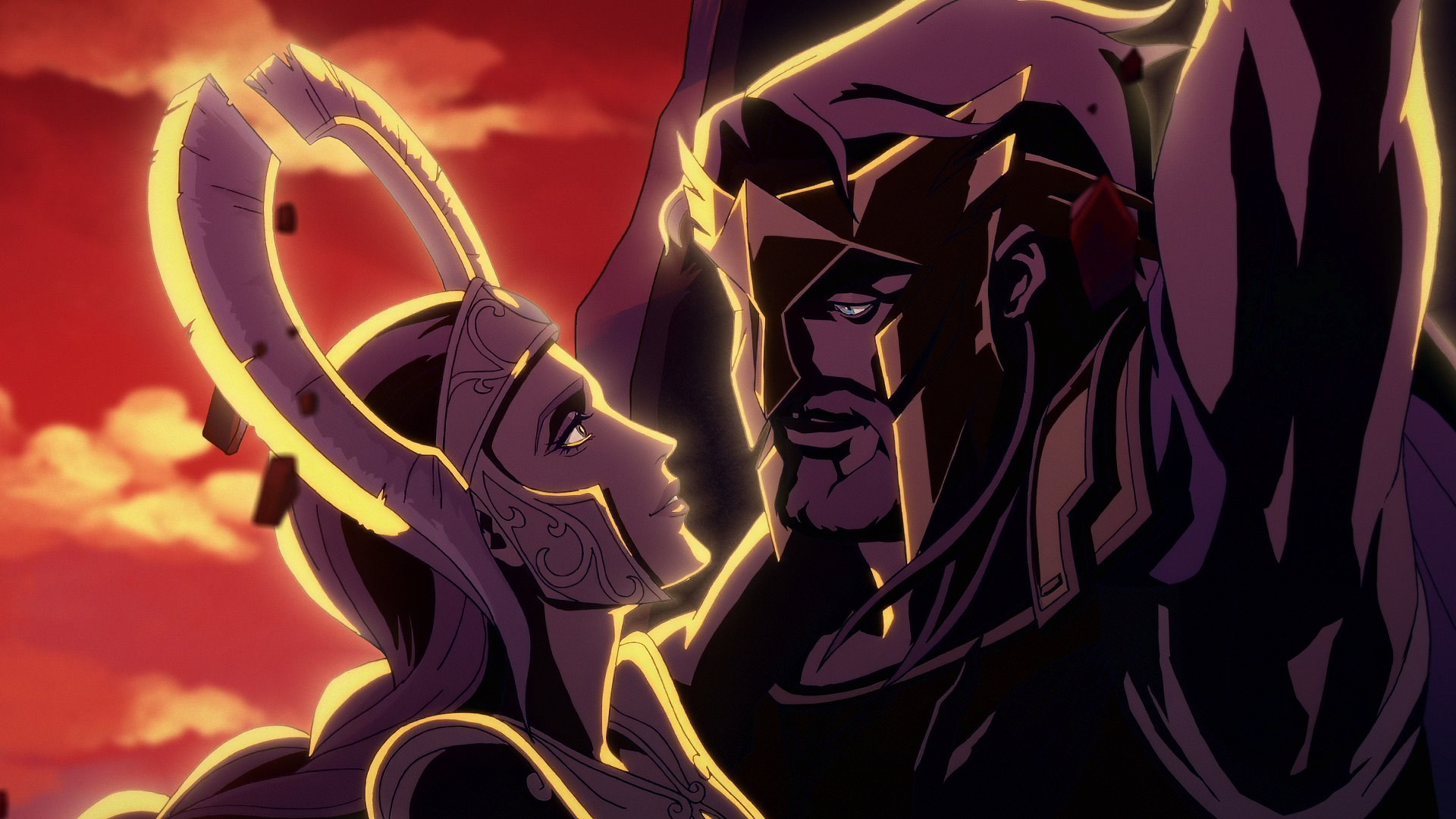 HD desktop wallpaper from Blood of Zeus featuring silhouetted anime-style characters against a dramatic red sky.