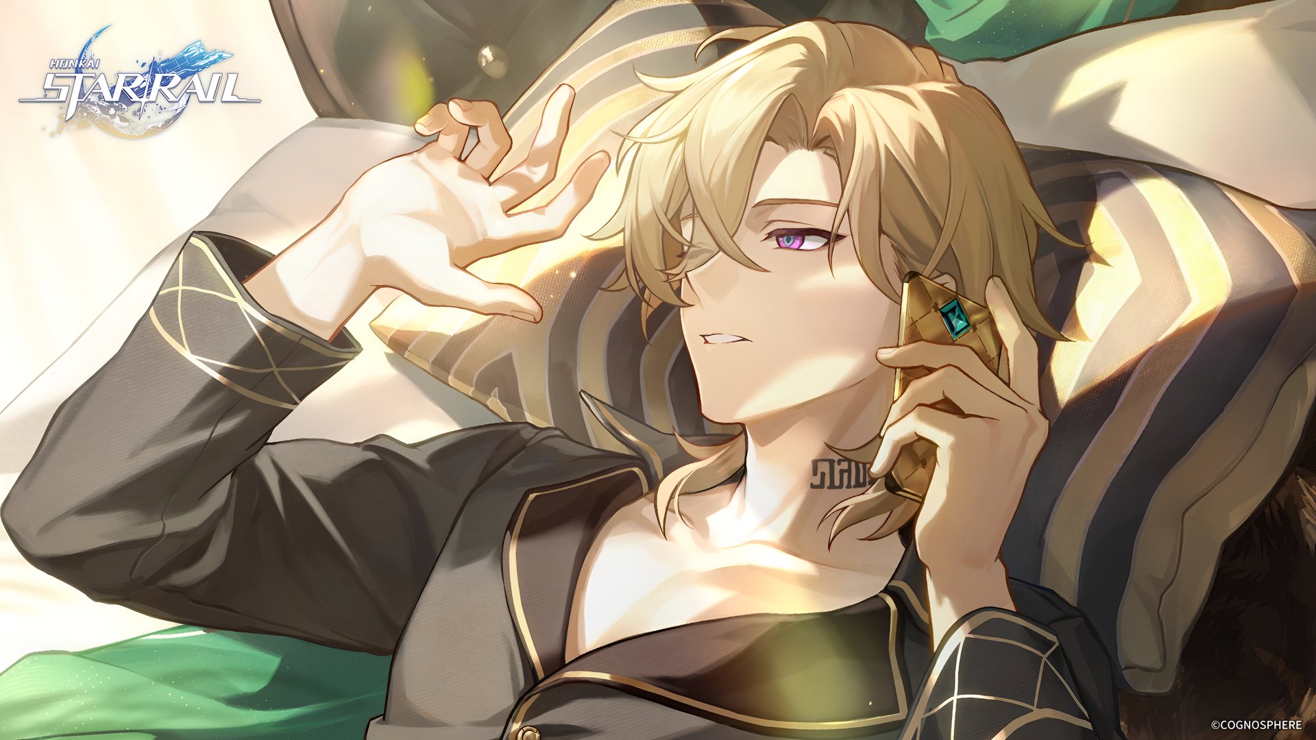 HD wallpaper from Honkai: Star Rail featuring the character Aventurine, depicted relaxing and holding an intriguing device.