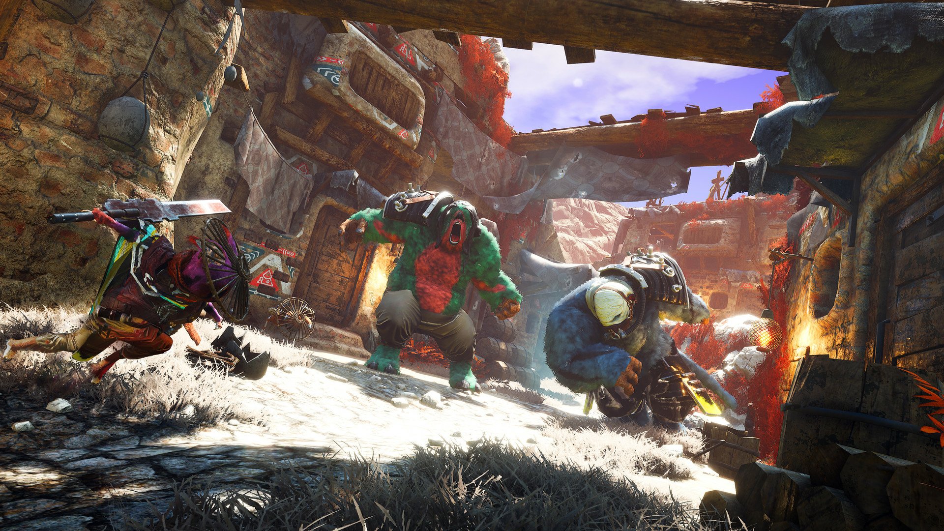 HD desktop wallpaper featuring characters from the video game Biomutant engaged in combat within a vibrant, post-apocalyptic setting.