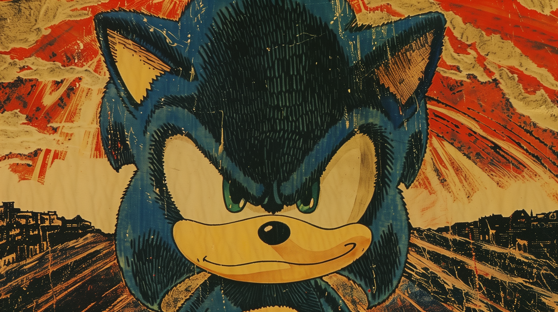 HD desktop wallpaper featuring a stylized illustration of Sonic the Hedgehog with a dynamic, textured background in red and yellow tones.