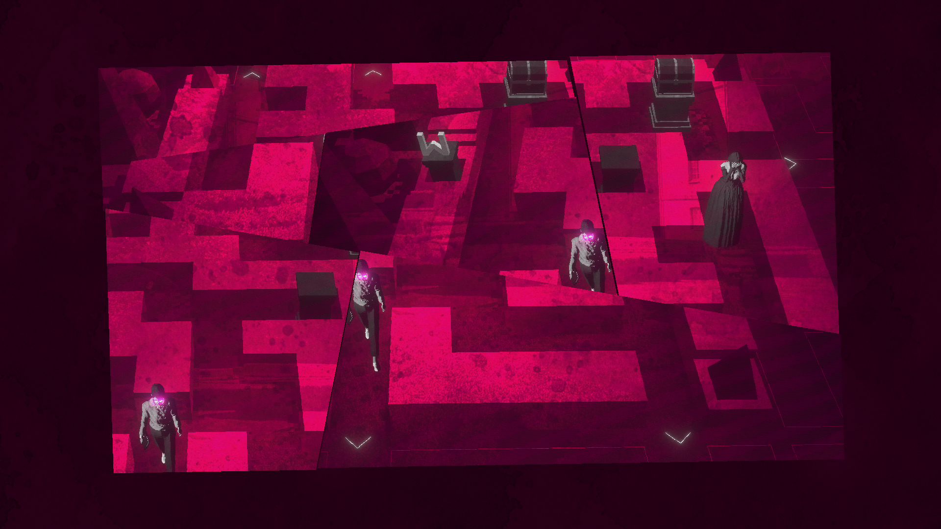 HD wallpaper for Lorelei and the Laser Eyes video game, featuring abstract red maze-like structures with shadowy figures scattered throughout.