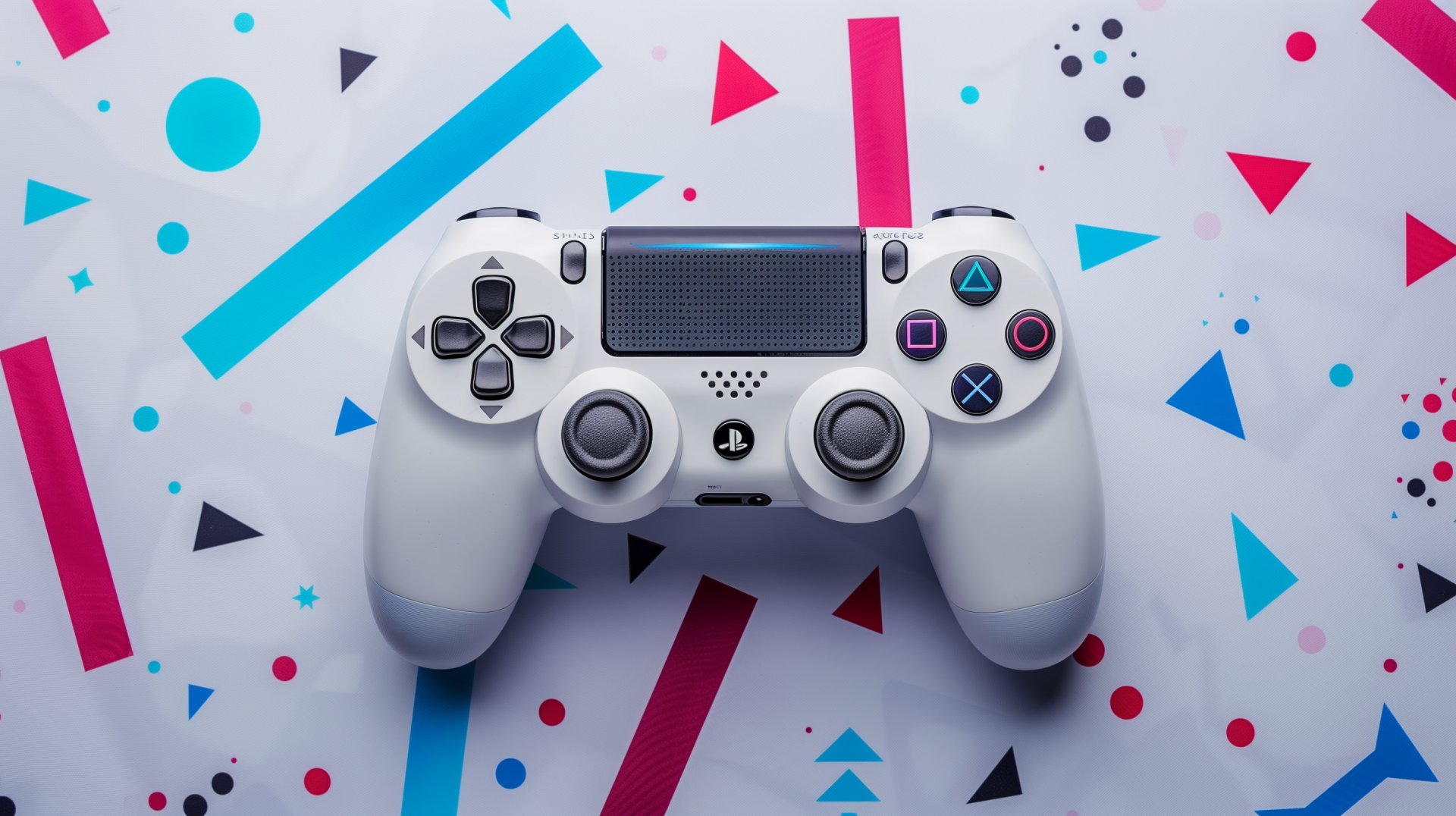 A sleek white PlayStation controller rests on a geometric background with vibrant colors, capturing the essence of gaming culture in this HD desktop wallpaper.